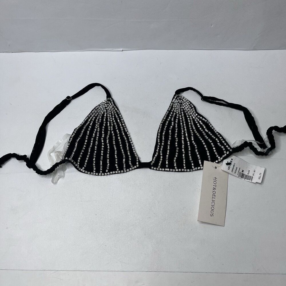 Hot & Delicious Rhinestone Black Triangle Halter Bikini Top Women’s Size M NWT